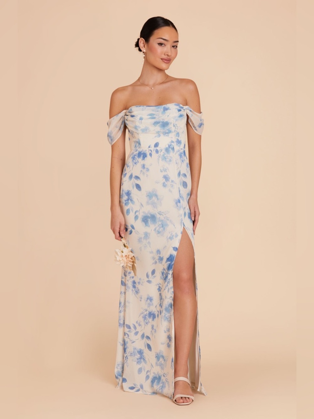 Birdy Grey Cream and Blue One-Shoulder Floral Maxi Dress